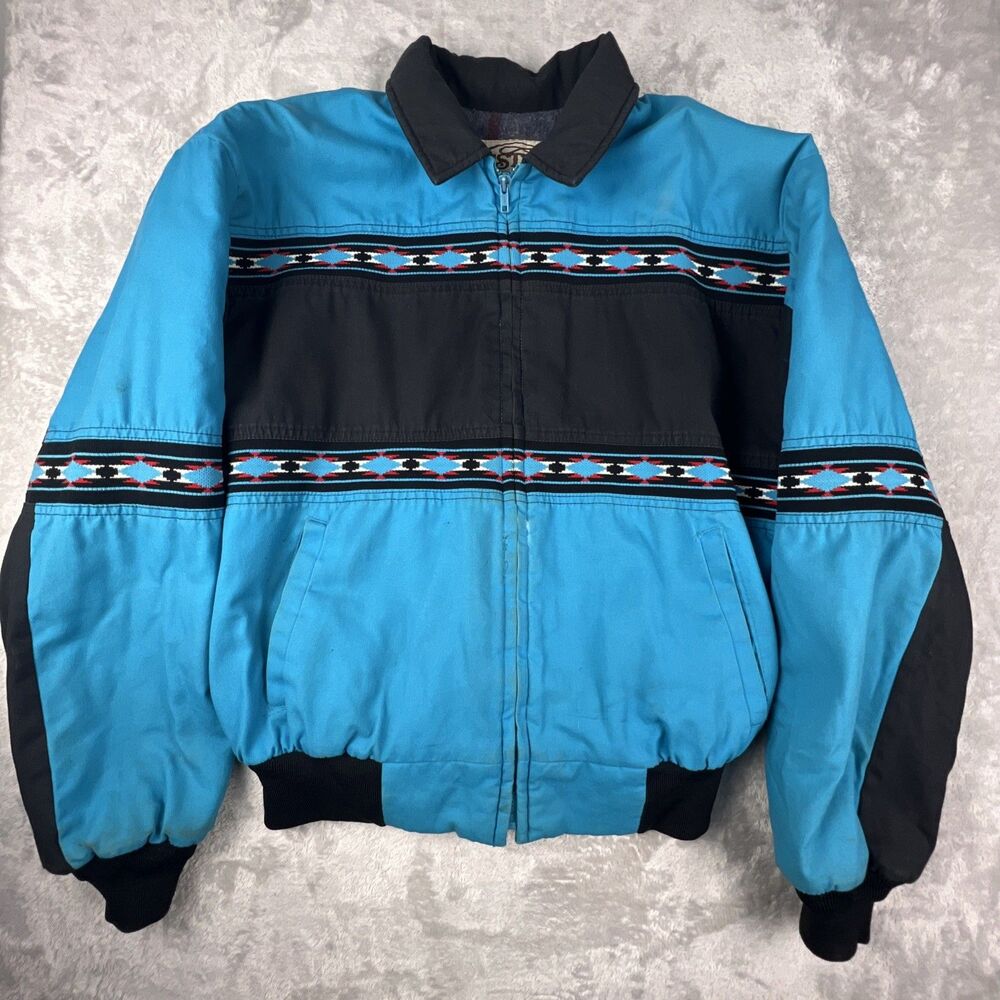 VTG 90 Western Frontier USA Mens XL Teal Blue Aztec Santa Fe Lined Bomber Jacket